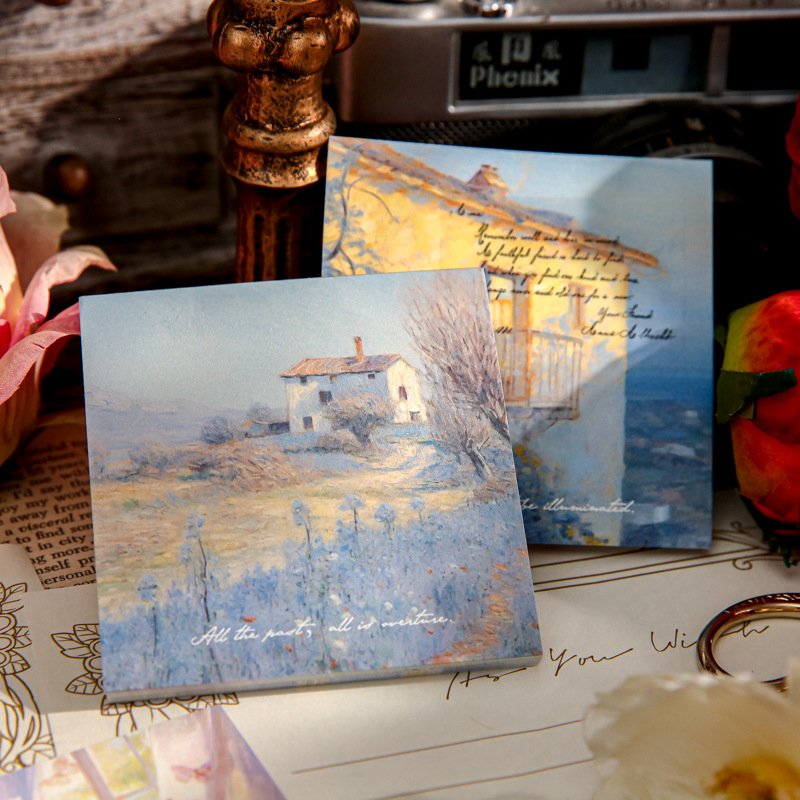 Cartoon Oil Painting Scenery Memo Pad Retro Style Memo Pad Office Message Memo Pads 60 Sheets