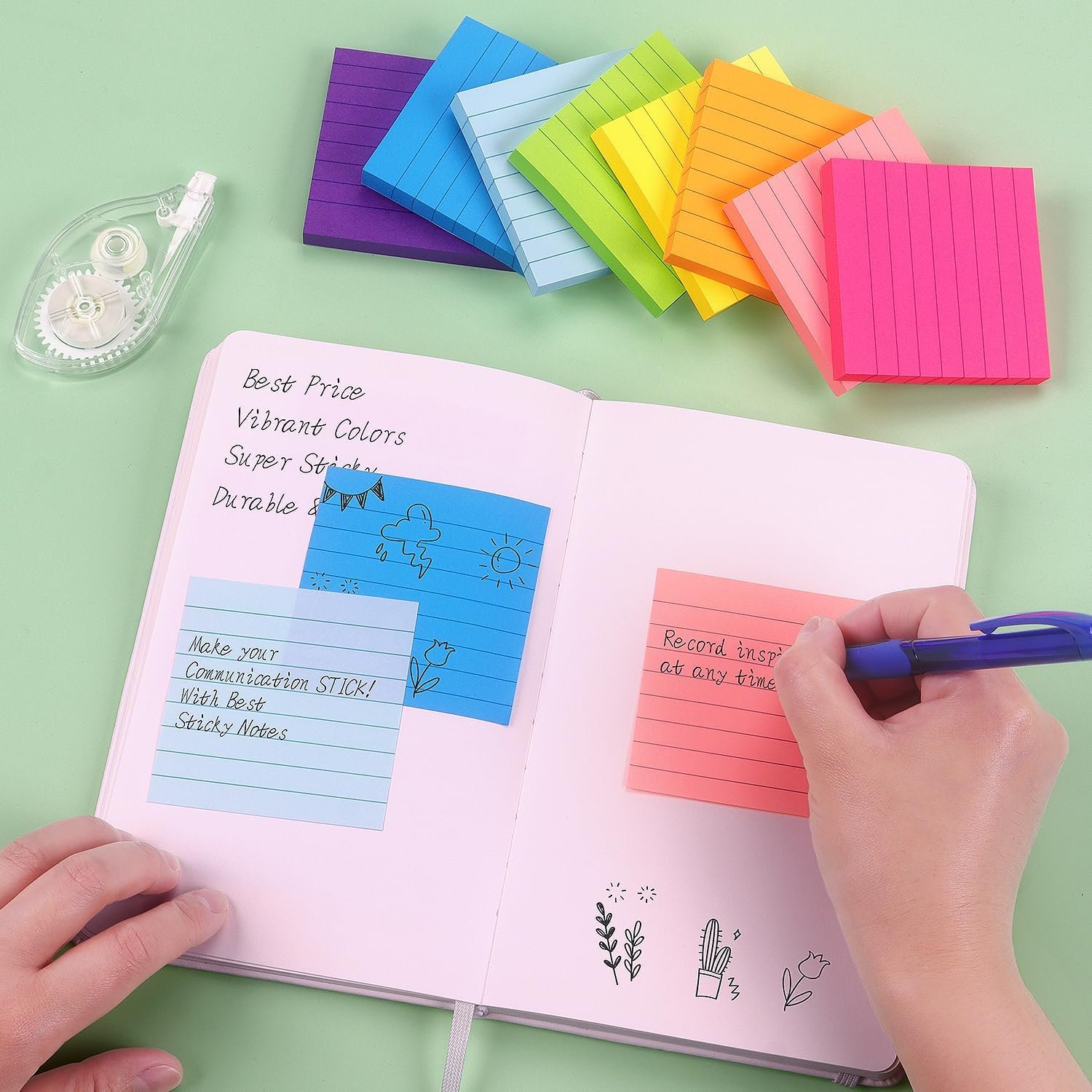 8 Pads Lined Sticky Notes 3x3 Sticky Notes with Lines Self-Stick Note Pads 8 Bright Multi Colors 85 Sheets Pad