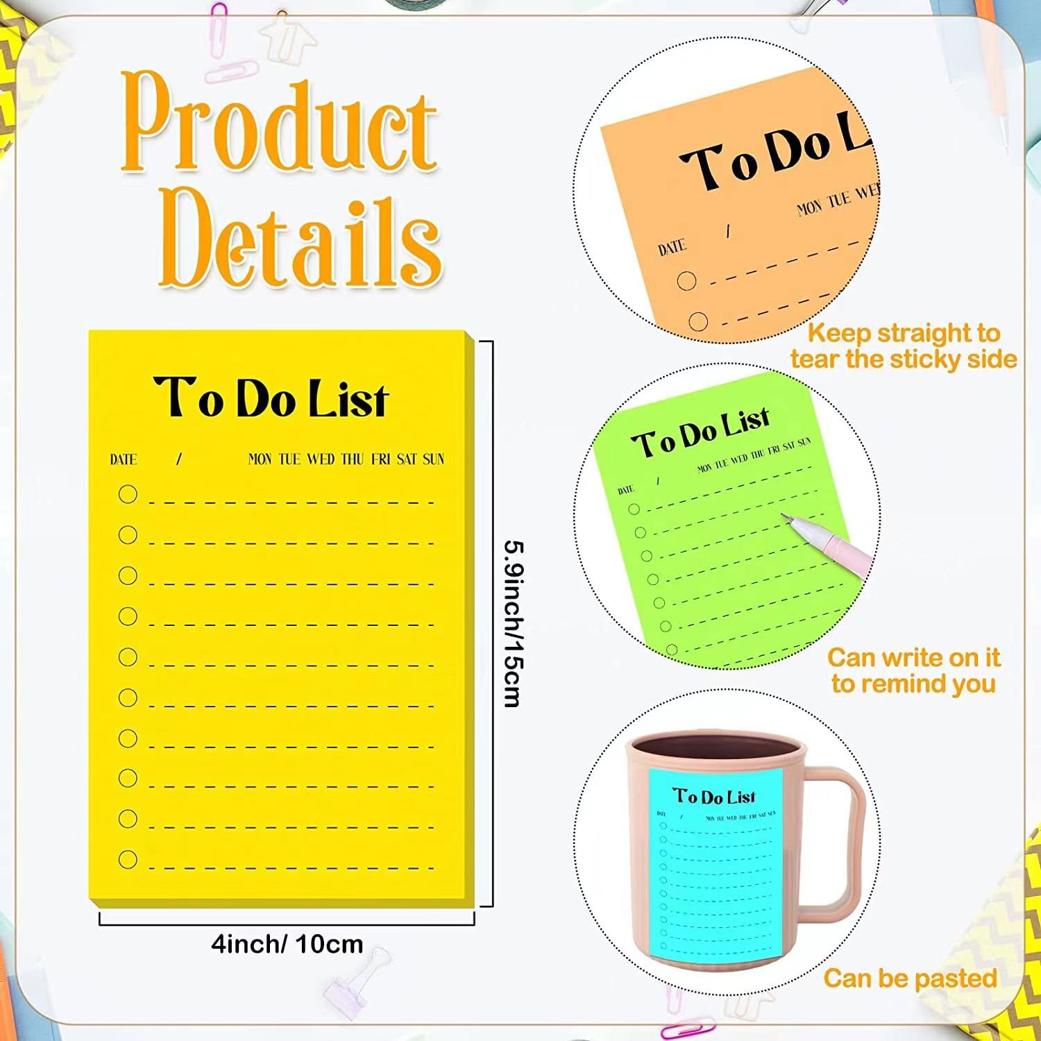Fluorescent paper Sticky Memo Notepad Custom logo To do List Shipping List Multi-color choices for Home School Office Use