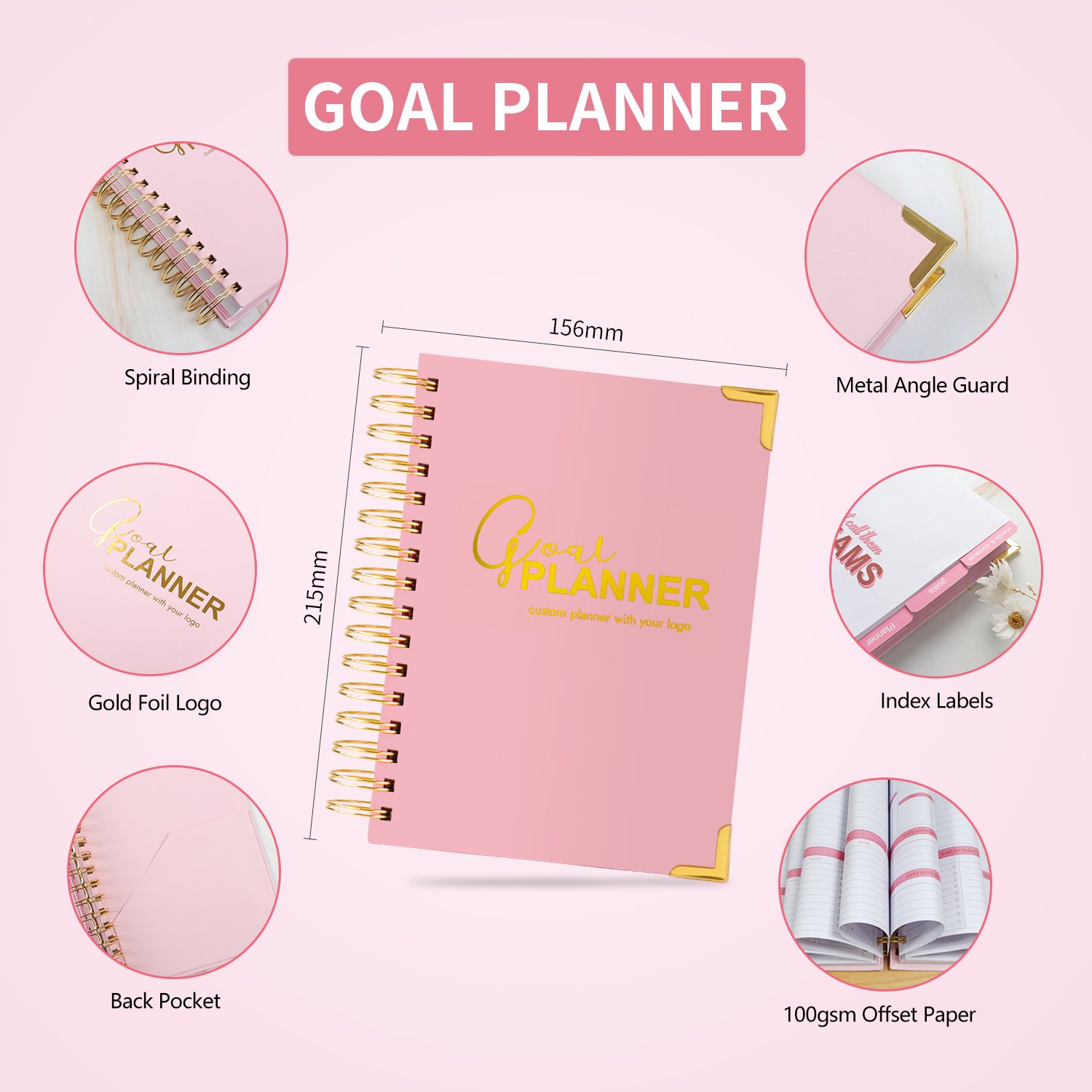 Girls Gift Customized Gold Logo Pink 2025 Weekly Planner Printing Journal Goal Planner