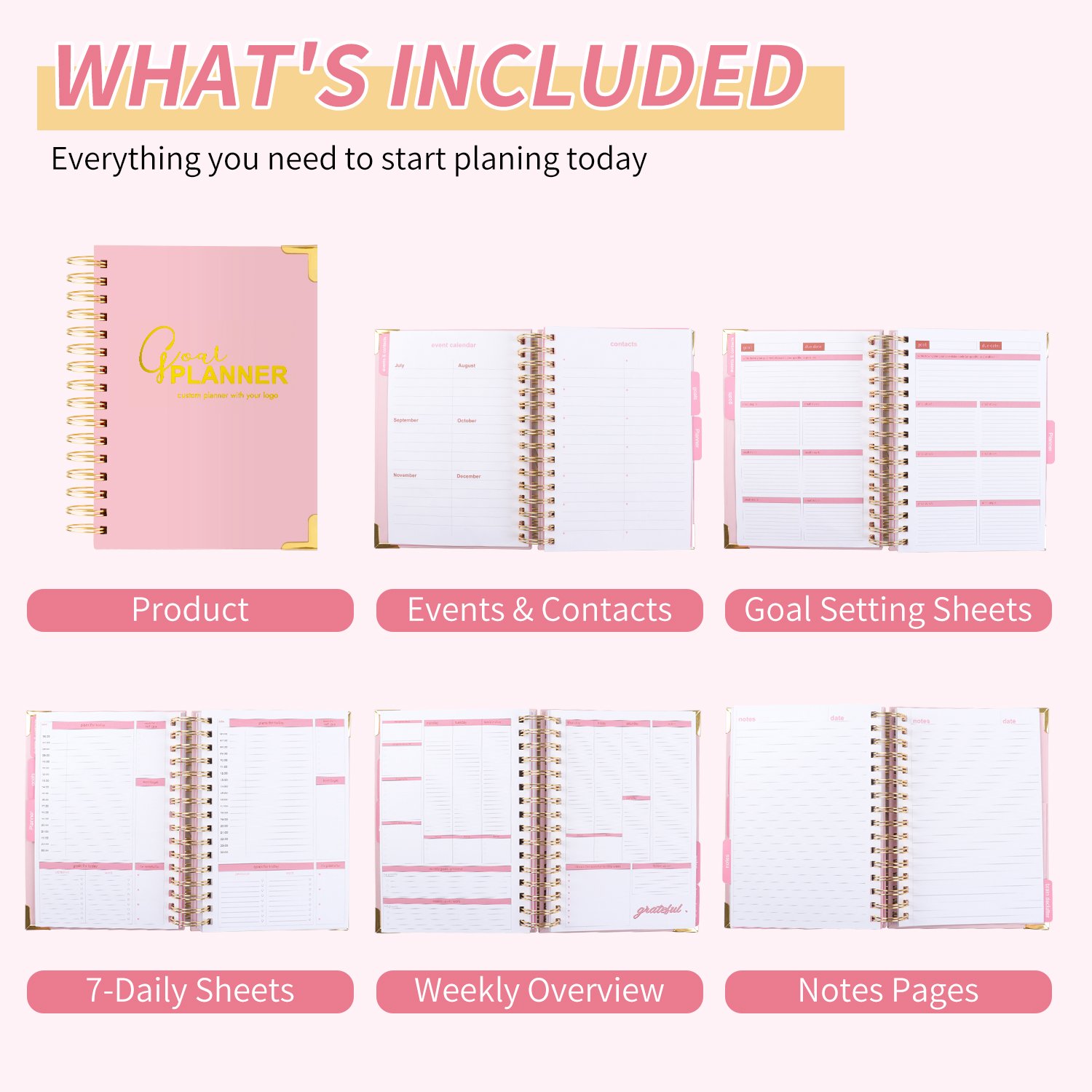 Girls Gift Customized Gold Logo Pink 2025 Weekly Planner Printing Journal Goal Planner