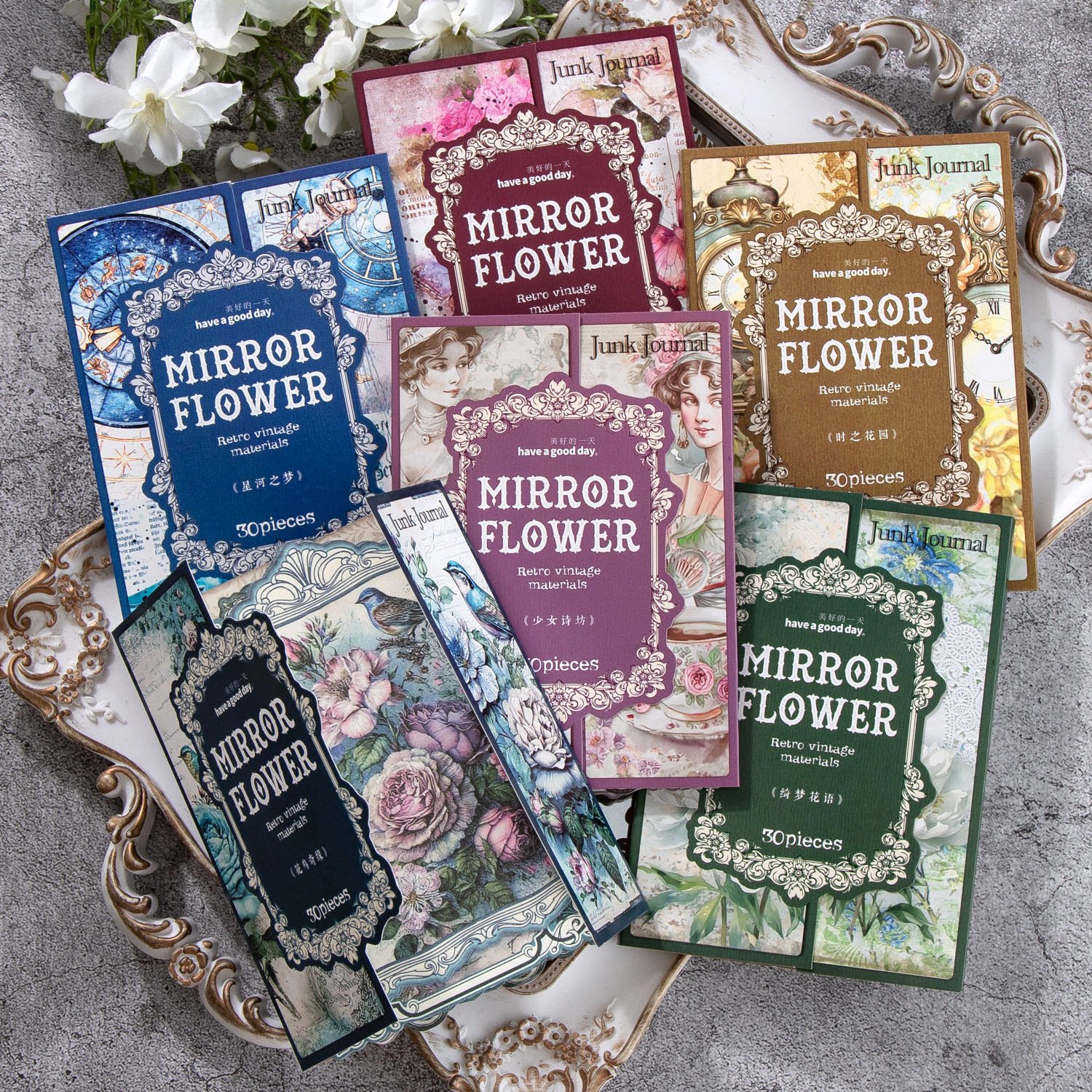 30 Pieces/Pack Material Paper Mirror Flower Border Series Retro Art Notebook Diy Decoration Base 6 Models