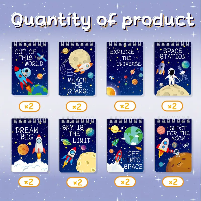 Themed Mini Notebooks Pocket-Sized Spiral Notepads with Astronaut, Rocket & Planet Designs for Birthday Parties, Classroom Favor