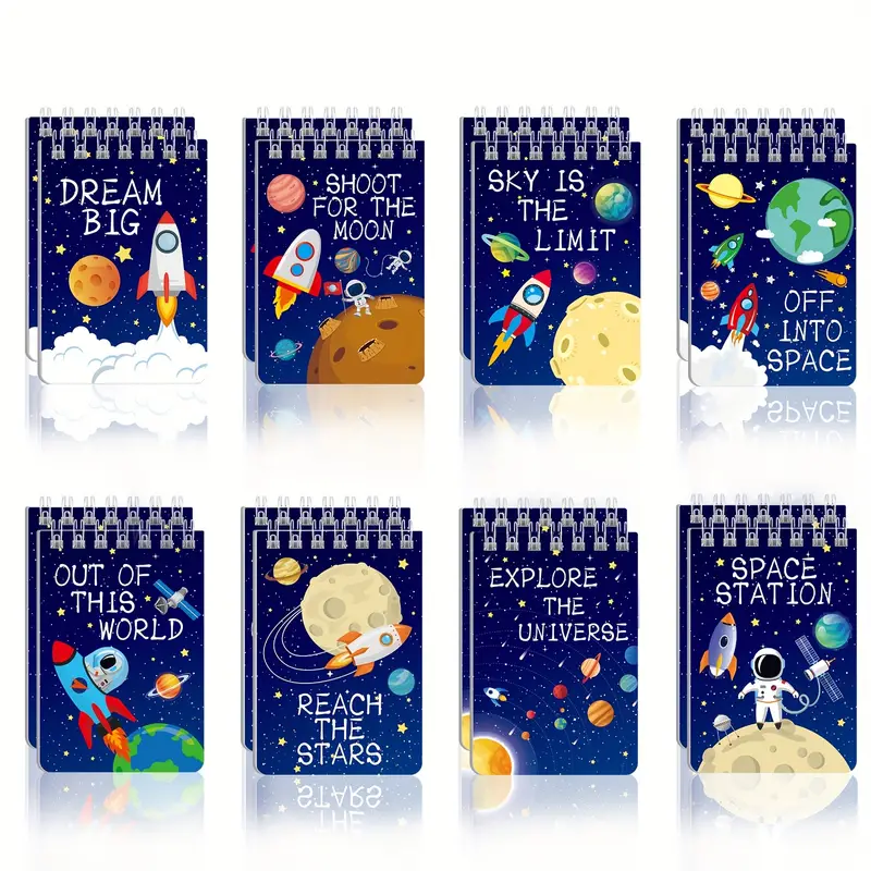 Themed Mini Notebooks Pocket-Sized Spiral Notepads with Astronaut, Rocket & Planet Designs for Birthday Parties, Classroom Favor