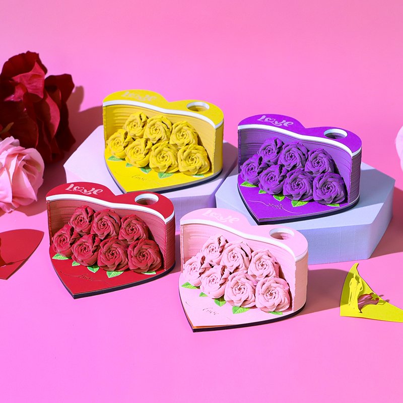Omoshiroi Block Notes Heart Bouquet Luxury Diy Paper Art Memo Pad Four Colors Paper Cube Craft Notepad For Christmas Valentines