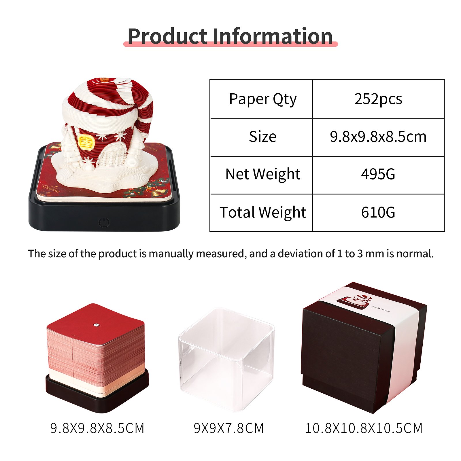 Customized 3D Paper Craft Laser Cut Calendar Paper Sheet Notes Cube Design Paper Block Notepad Christmas Santa House 3D Memo Pad