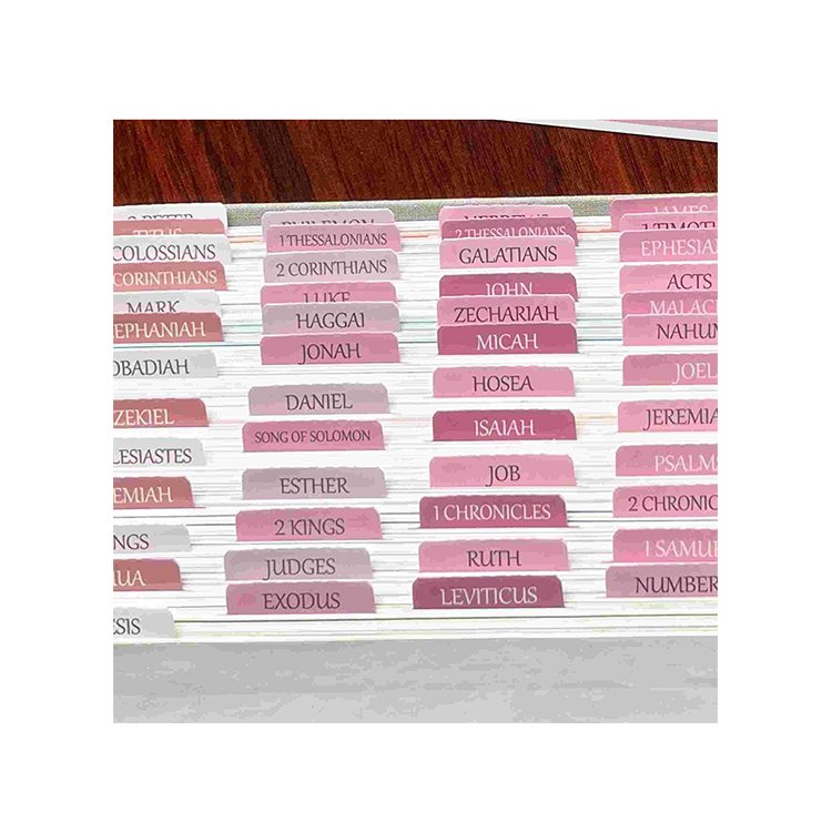 Zhejiang factory OEM pink design Laminate Bible Tabs with Old Testament New Testament and blanks Bible Tabs for Bible journal