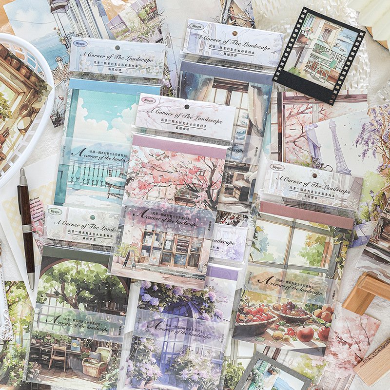30pcs/pack Sketchbook Scenic Corner Series Retro Watercolour Handbook Decoration Materials