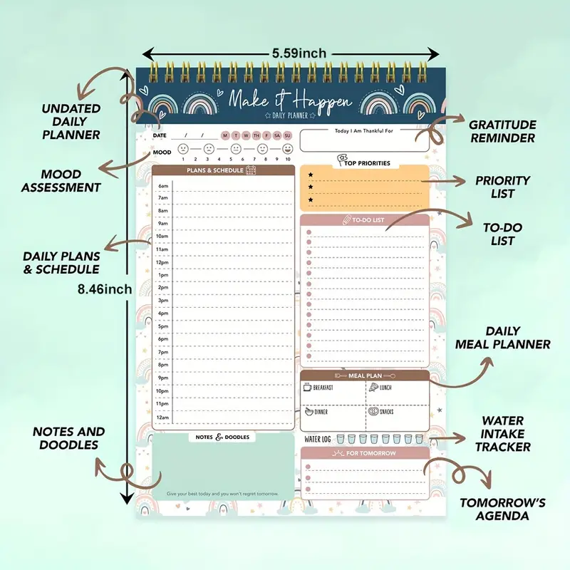 Spring-Bound Daily Planner Pad - 52 Easy Tear-Off Sheets Daily Plan Pad, Daily Planning Notepad, To Do Daily Notepad Planner