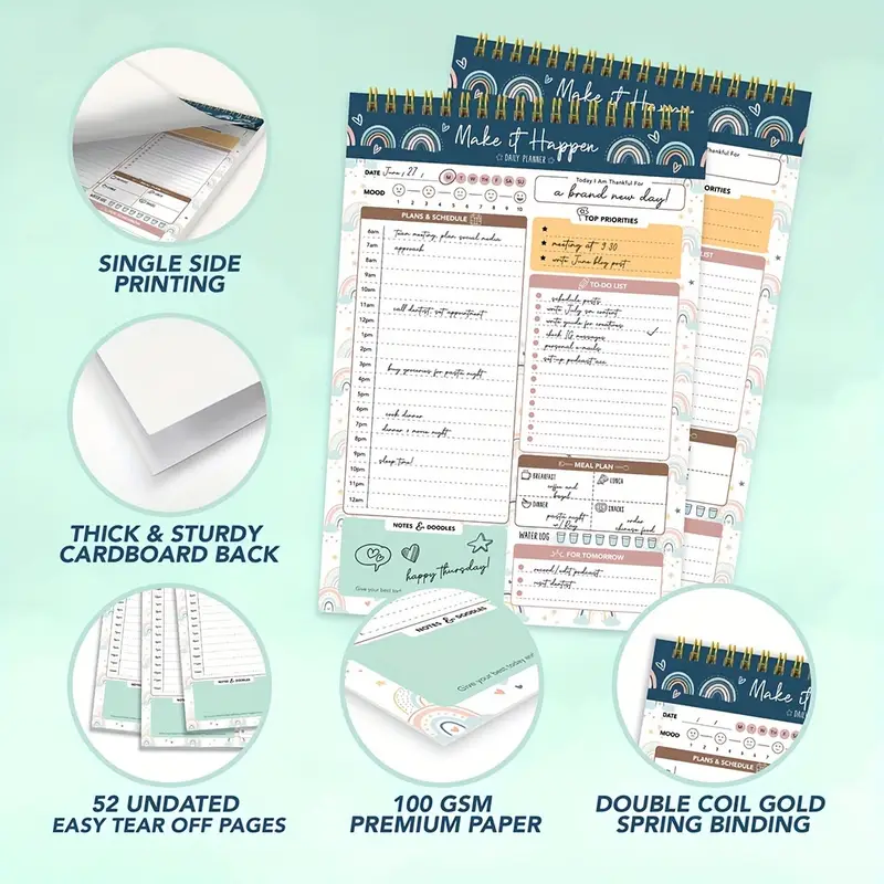 Spring-Bound Daily Planner Pad - 52 Easy Tear-Off Sheets Daily Plan Pad, Daily Planning Notepad, To Do Daily Notepad Planner