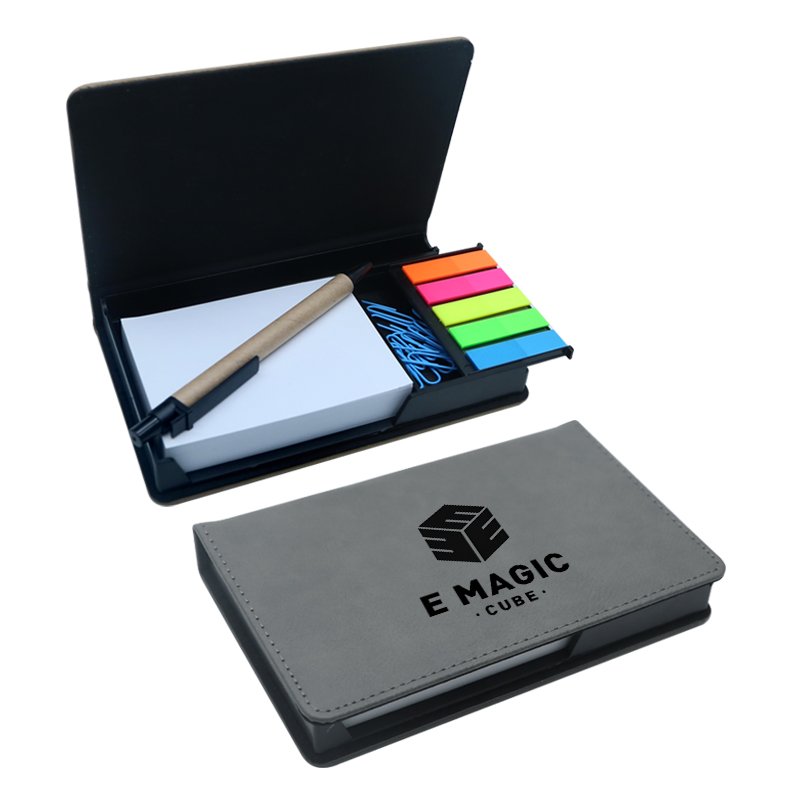 Custom School Hotel Business Stationery PU Leather Notepad Pen Sticky Notes Memo Pad Box Holder Gift Set For Laser Engraving