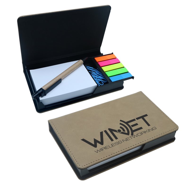 Custom School Hotel Business Stationery PU Leather Notepad Pen Sticky Notes Memo Pad Box Holder Gift Set For Laser Engraving