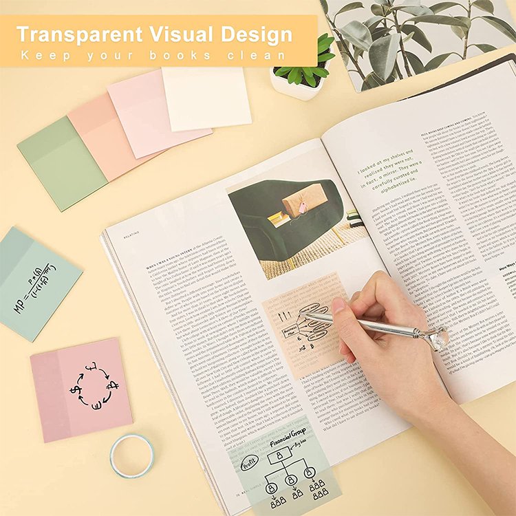 300 Sheets Pastel Transparent Sticky Notes, 6 Colors Clear Self-Sticky Notes, Translucent Removable Glue Sticky Note
