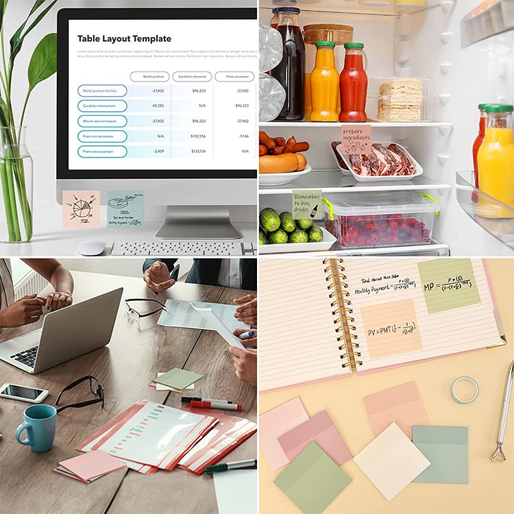 300 Sheets Pastel Transparent Sticky Notes, 6 Colors Clear Self-Sticky Notes, Translucent Removable Glue Sticky Note