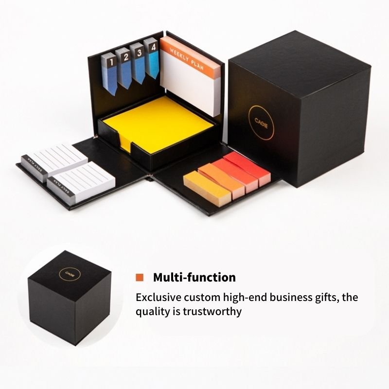 Luxury Hard Cardboard Black Telescope Square Paper Reminder Memo Cube Block Sticky Notes Memo Pads with Index Tabs Box Set