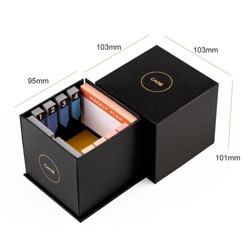 Luxury Hard Cardboard Black Telescope Square Paper Reminder Memo Cube Block Sticky Notes Memo Pads with Index Tabs Box Set