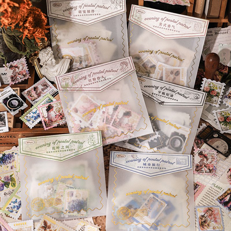 30pcs/pack Material Packs Postal Tour Twilight Series Foil Stamps Handbook Decorative Material