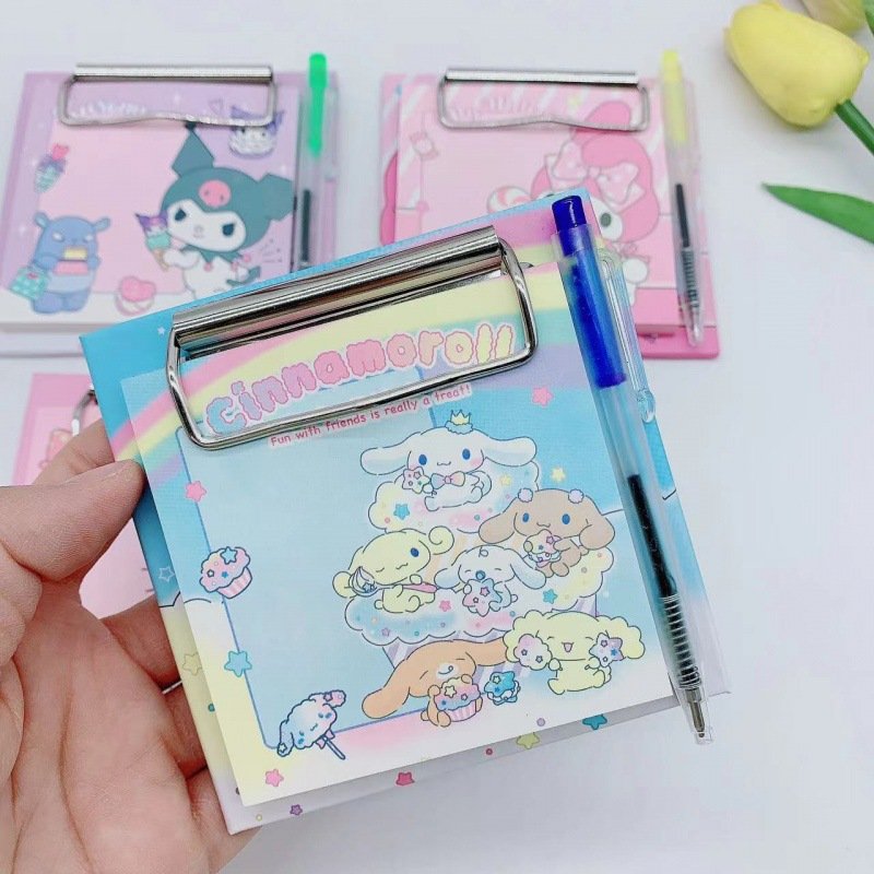 DHF1155 New arrival cartoon Kuromi Melody mini splint with pen color page memo pad student message notepad clip board pen set
