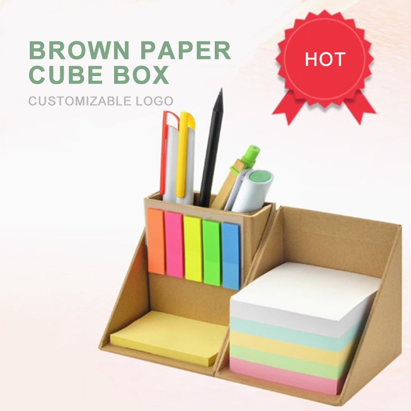 Promotional Custom Printed Square Cube Kraft Paper Eco Sticky Note Memo Pad Box With Pen Holder For Office