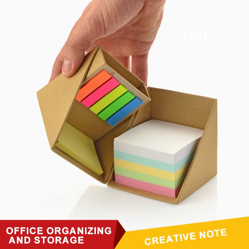 Promotional Custom Printed Square Cube Kraft Paper Eco Sticky Note Memo Pad Box With Pen Holder For Office
