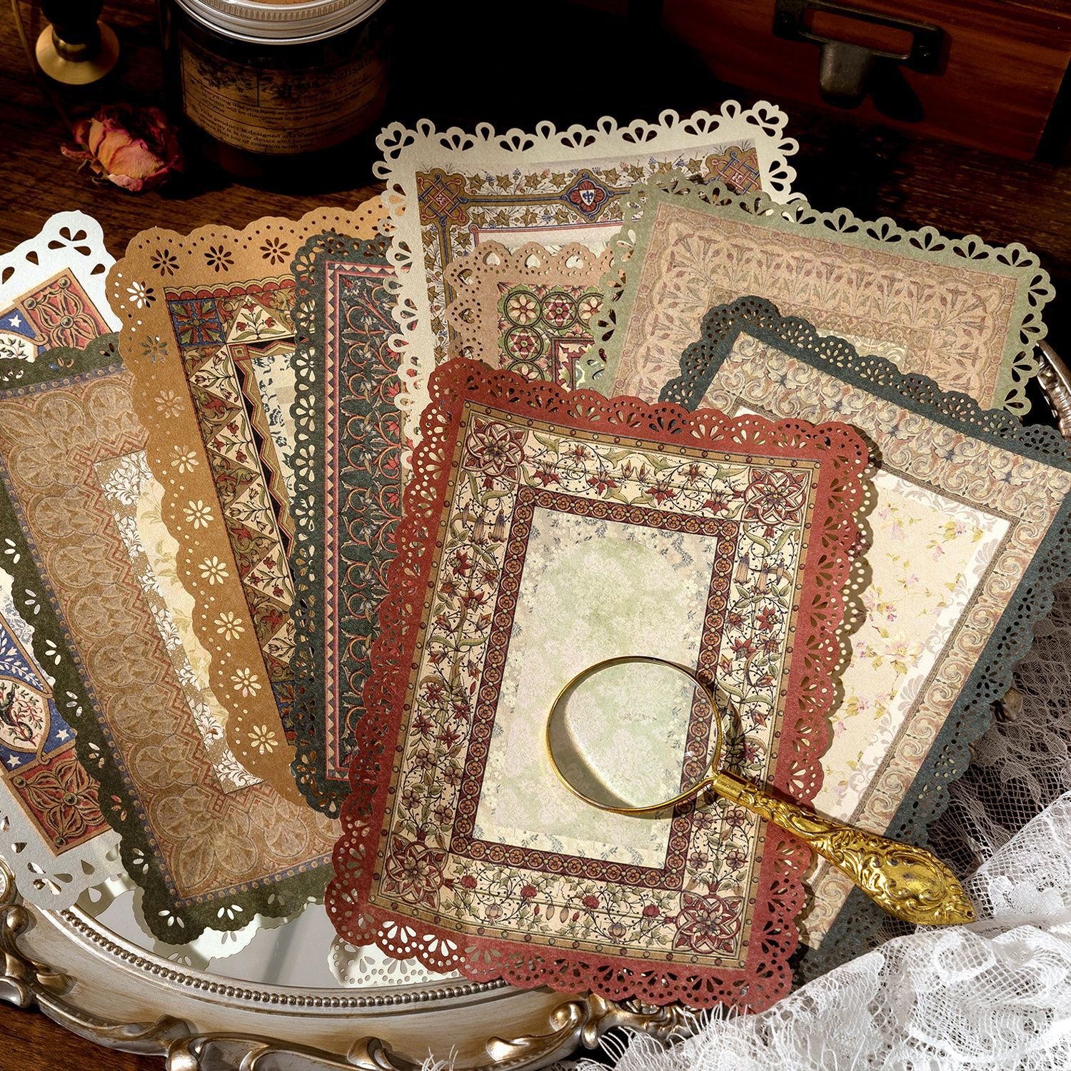 10pcs/pack Material Paper Ten Thousand Things Secret Language Series Openwork Lace Handbook Decoration Material