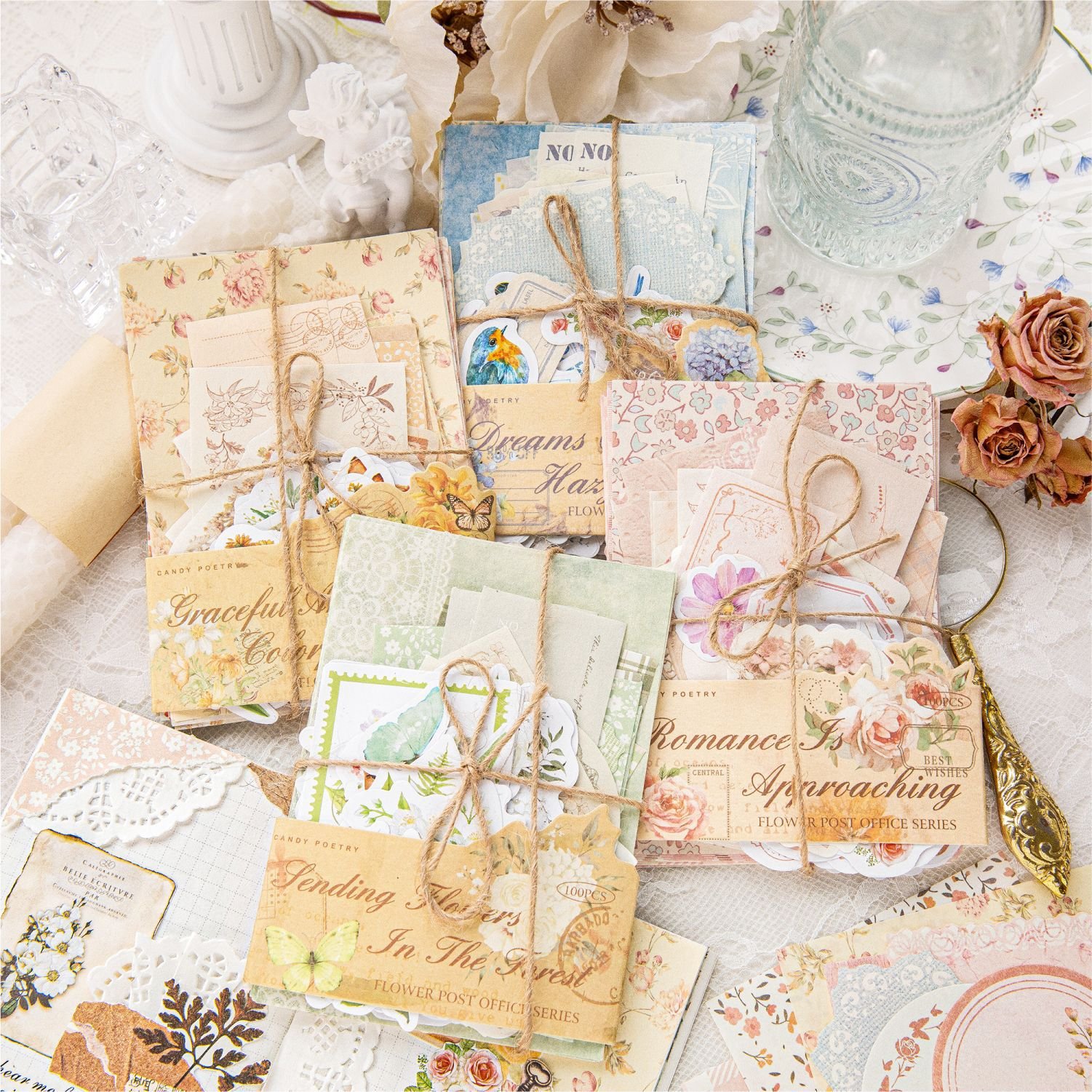 100pcs/pack Material Flower Post Office Series Light Retro Handbook Watercolour Flower Stickers Decorative Paper Message Notes