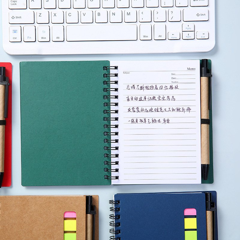 Custom Kraft Paper Cover Design Spiral Bound Notepads Office Style Sticky Note Stickers with Pen Featuring Custom Logo Print