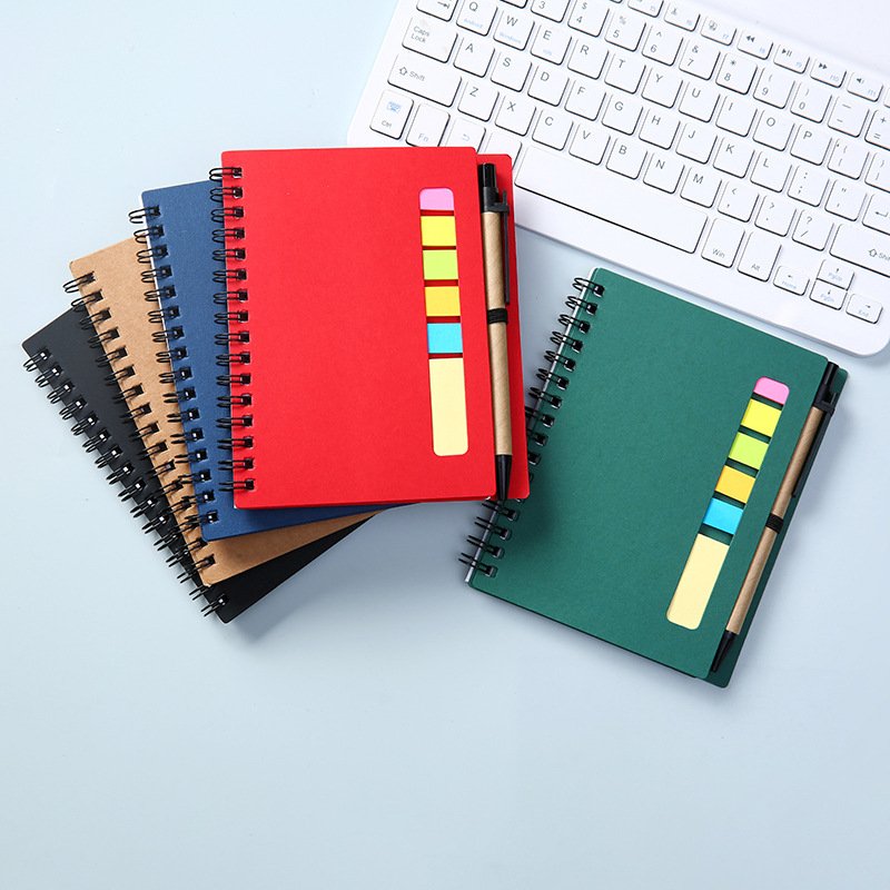 Custom Kraft Paper Cover Design Spiral Bound Notepads Office Style Sticky Note Stickers with Pen Featuring Custom Logo Print