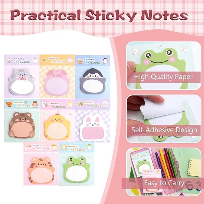 Mini Sticky Notes Animals Self-Adhesive Notes, Colourful Cartoon Sticky Notes for Children Gift