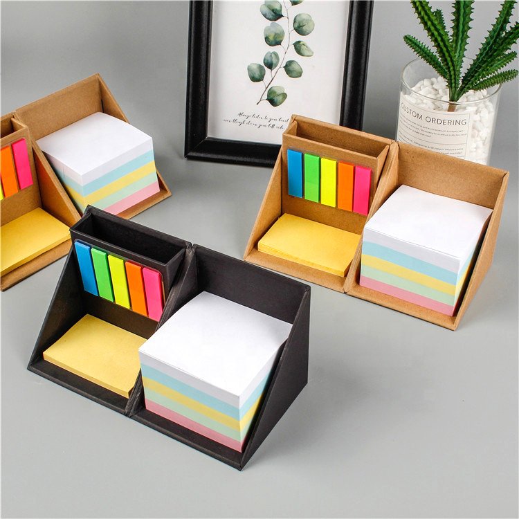 Professional Factory Custom Office Desktop Combined Type Sticky Notes Eco Friendly Kraft Paper Cube Memo Pad Box With Pen Holder