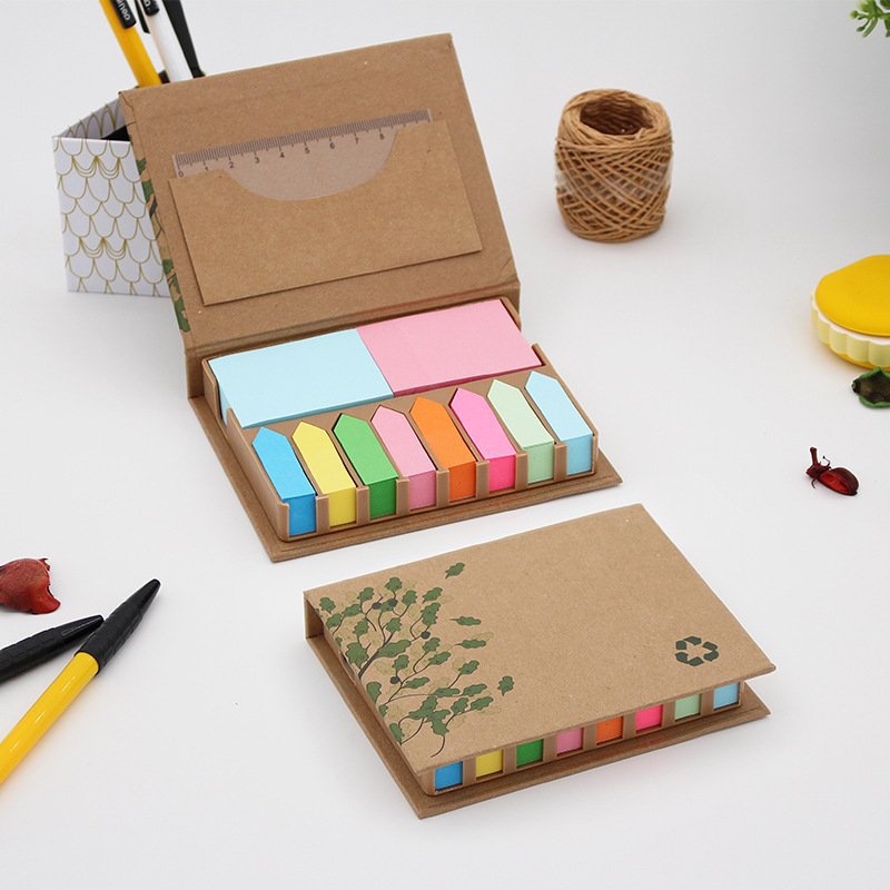 Wholesale Custom Logo Memo Pad Sticky Notes Set In Kraft Paper Cover Plastic Holder Box With Ruler Office Stationery