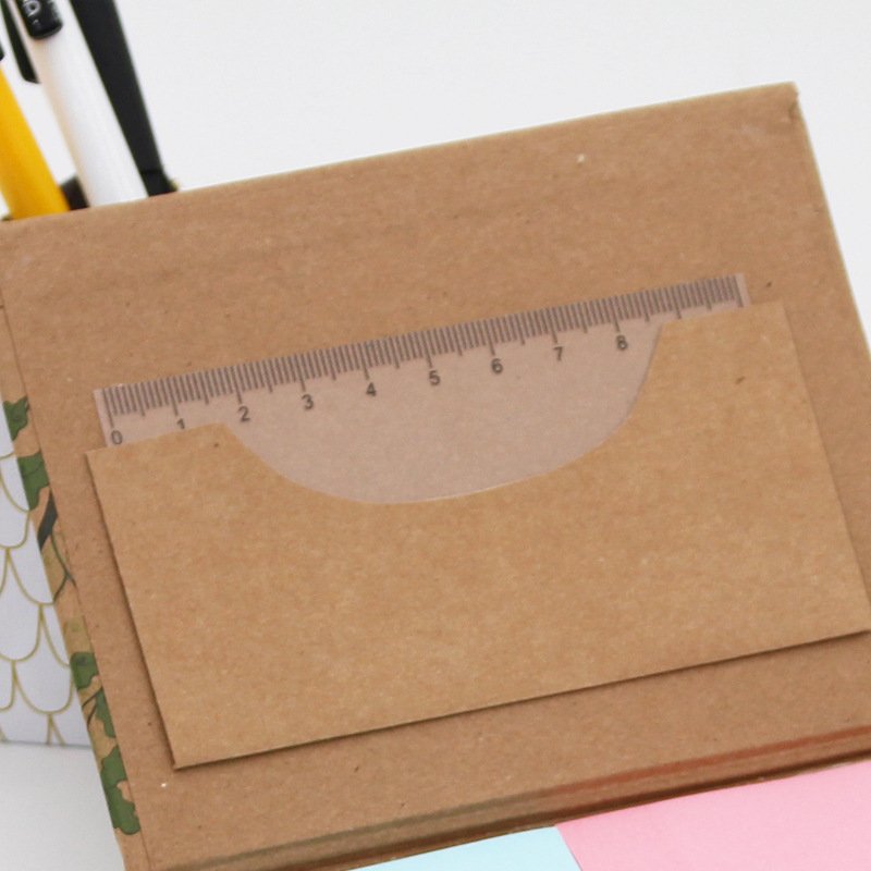 Wholesale Custom Logo Memo Pad Sticky Notes Set In Kraft Paper Cover Plastic Holder Box With Ruler Office Stationery