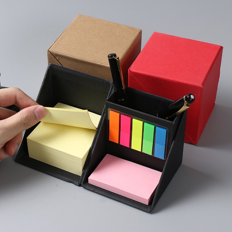 Stationary sticky notes cube memo box pad with pen holder
