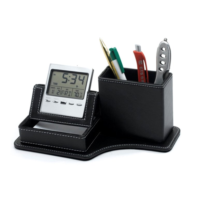 Novelty Calendar Black Leather Pen Holder With Business Name Card Holder And Memo Pad Holder