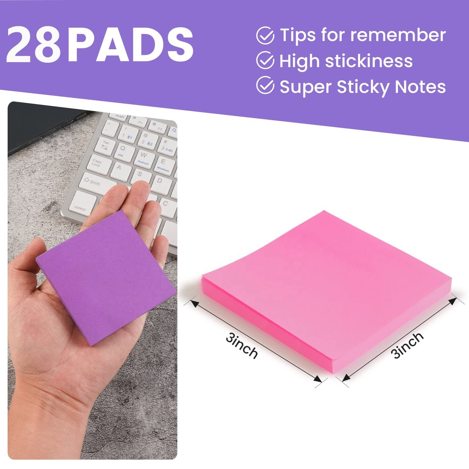 Sticky Notes 3 x 3 in Bright Colorful Super Sticking Power Memo Post High Stickiness Square Sticky Notes for Office