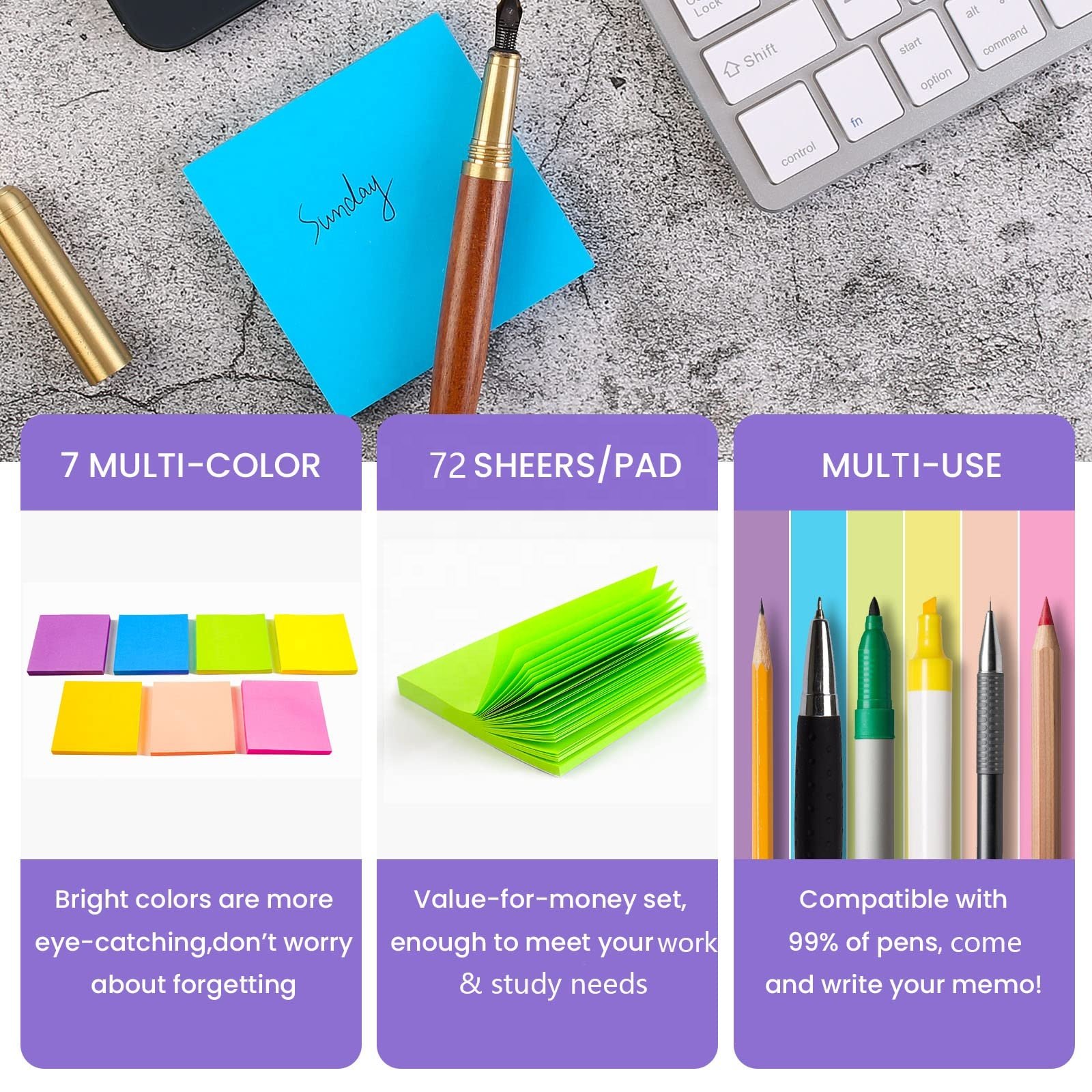 Sticky Notes 3 x 3 in Bright Colorful Super Sticking Power Memo Post High Stickiness Square Sticky Notes for Office