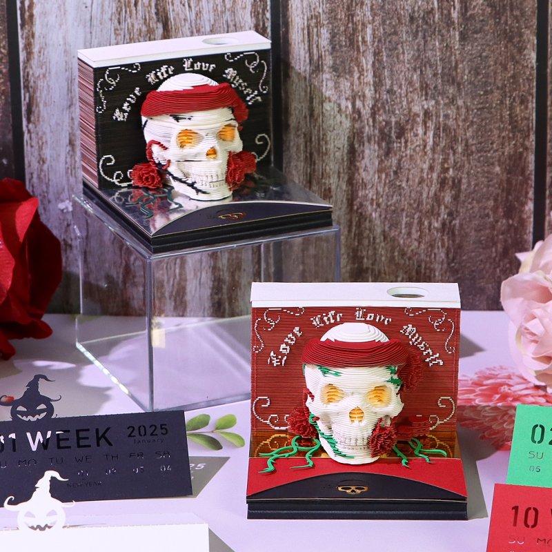 3D Memo Pad Custom Calendar Skull With Light Rose Flower Note Pads Desk Decor Cute Paper Bookmark Notepad Halloween Gift Items
