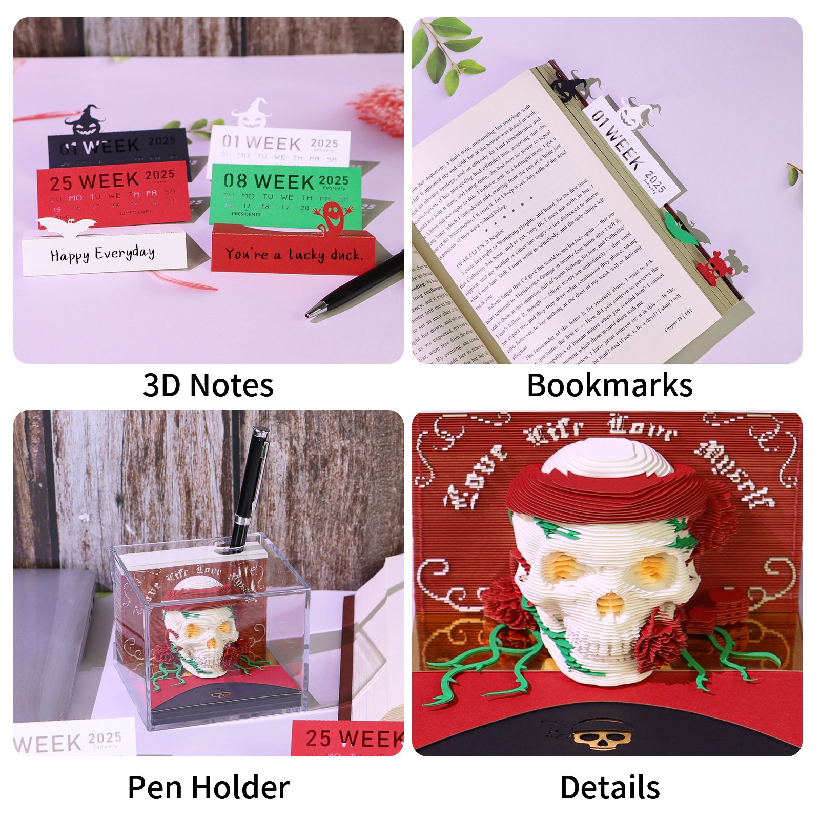 3D Memo Pad Custom Calendar Skull With Light Rose Flower Note Pads Desk Decor Cute Paper Bookmark Notepad Halloween Gift Items