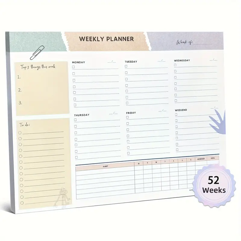 Weekly To Do List Notepad Planner With 52 Undated Sheets Tear-Off Pages Hard Cardboard Easy Writing Back Weekly Desk Planner