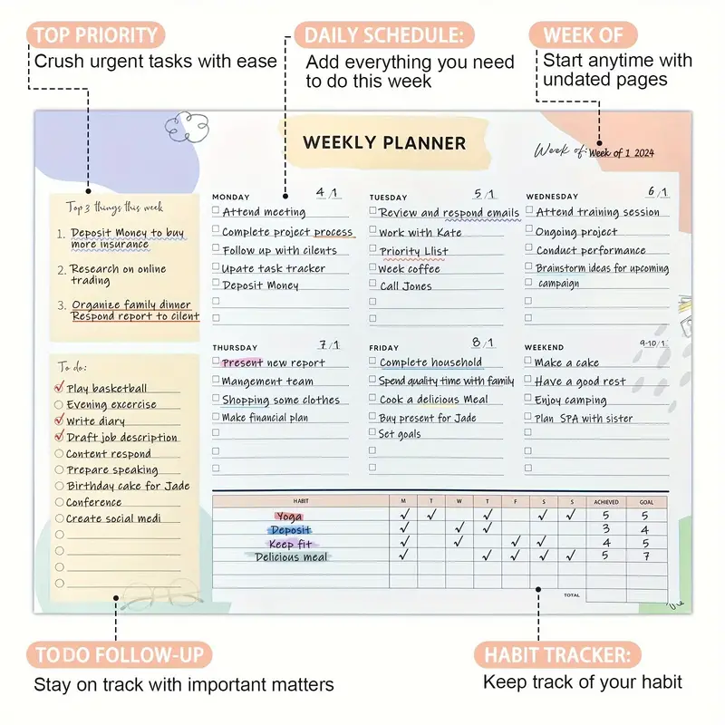 Weekly To Do List Notepad Planner With 52 Undated Sheets Tear-Off Pages Hard Cardboard Easy Writing Back Weekly Desk Planner