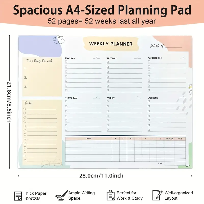 Weekly To Do List Notepad Planner With 52 Undated Sheets Tear-Off Pages Hard Cardboard Easy Writing Back Weekly Desk Planner