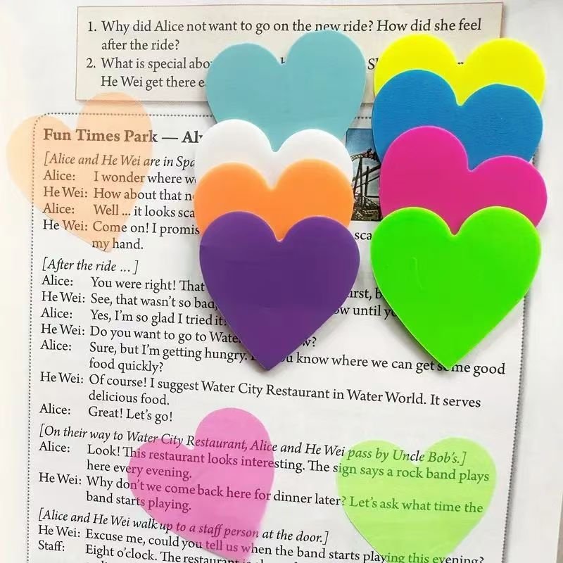 PET Transparent Fluorescence Colorful Sticky Note Heart Shaped Die Cutting Memo Pad For Studying Meeting Home Working