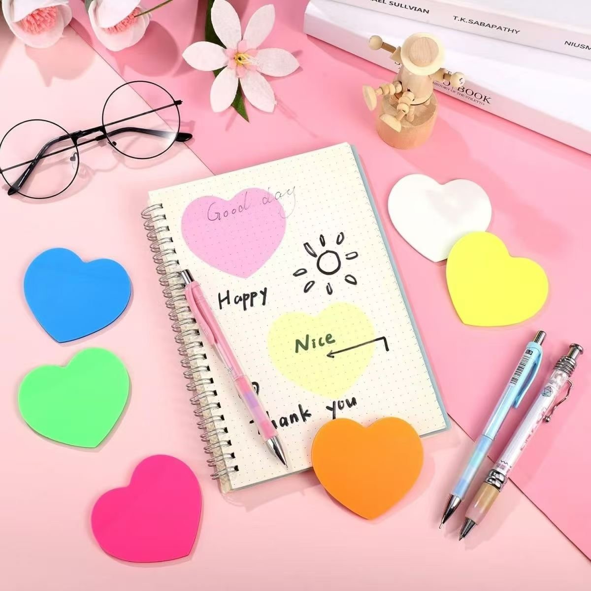 PET Transparent Fluorescence Colorful Sticky Note Heart Shaped Die Cutting Memo Pad For Studying Meeting Home Working