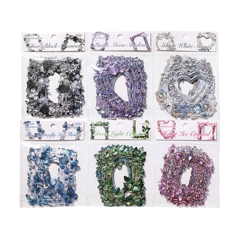 10pcs/pack Collage Cards Crystal Flower Realm Series Openwork Vintage Embossed Handbook Collage Material