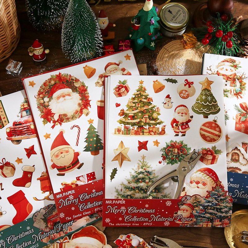 8 Pieces/Pack Vintage Christmas Material Paper Merry Christmas Series Christmas Theme DIY Crafting Material Paper Material Book