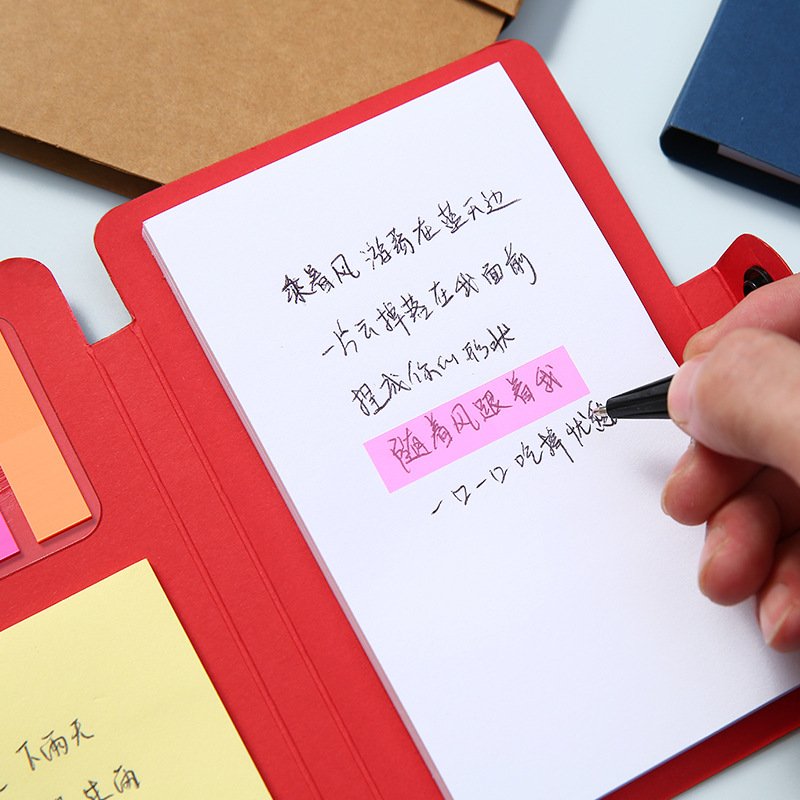 Notebook Steno Pads Pure White Notepad with Pen in Holder Sticky Notes Colored Index Tabs Flags Kraft Paper Cover Small Pocket