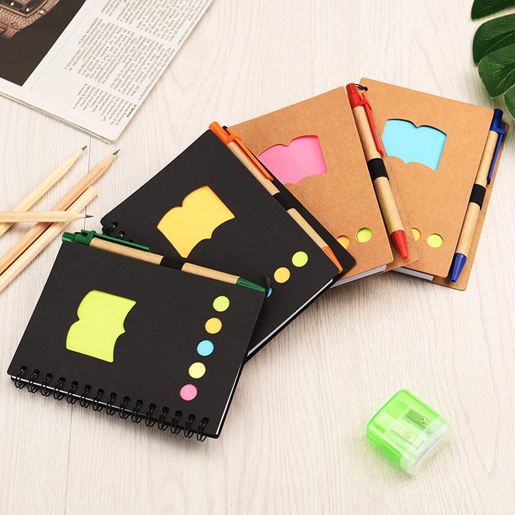 Spiral Notebook with Self-Adhesive colored index tab divider Lined Pen Holder Notepad Including Sticky Note Paper Memo Pad