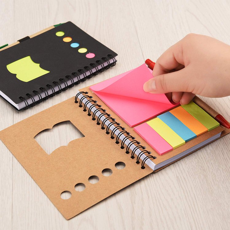 Spiral Notebook with Self-Adhesive colored index tab divider Lined Pen Holder Notepad Including Sticky Note Paper Memo Pad