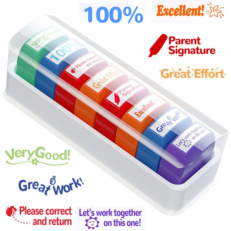 High Quality 8pcs Colorful Teacher Interesting Comment Self Inking Set Stamps with Custom Logo