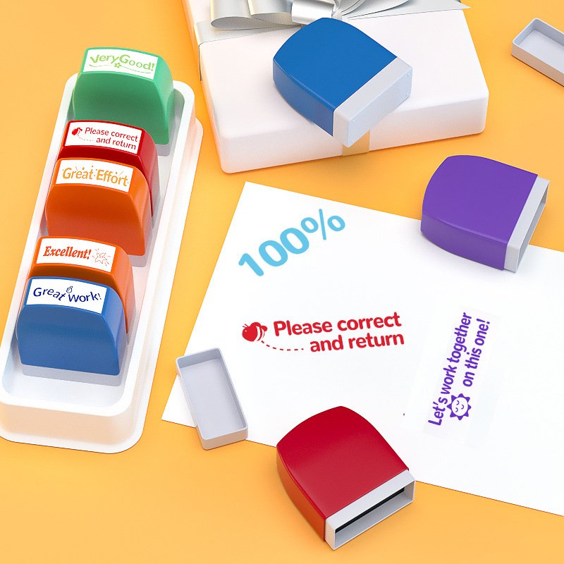 High Quality 8pcs Colorful Teacher Interesting Comment Self Inking Set Stamps with Custom Logo